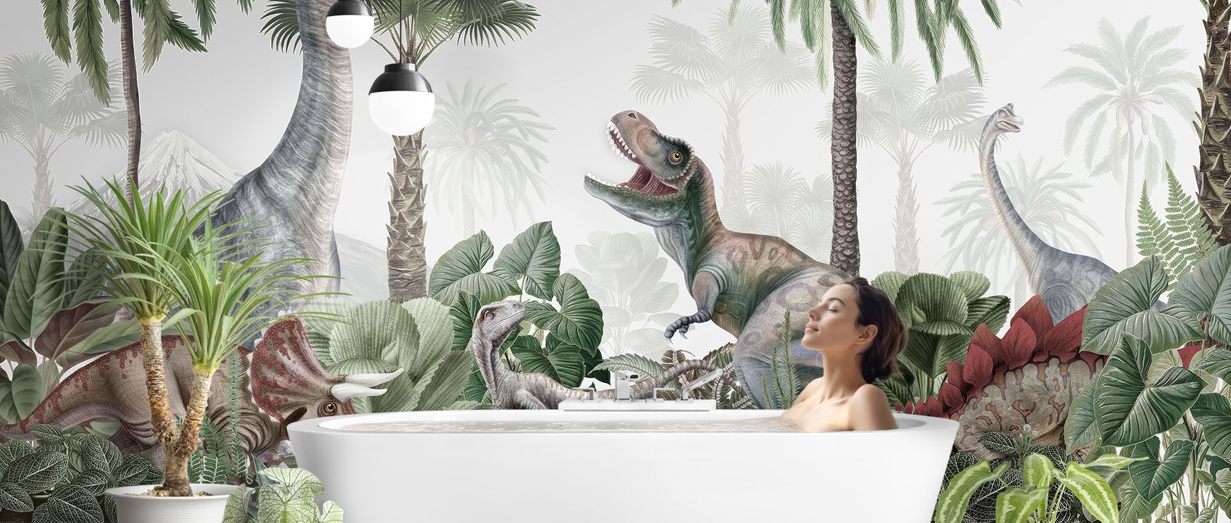 The Dinosaur Jungle Wallpaper presents dynamic dinosaurs moving across a tropical forest. Its imagery captures adventure, enriching bedrooms, dining areas, or playrooms. This design offers both playfulness and decorative balance, making interiors feel ima