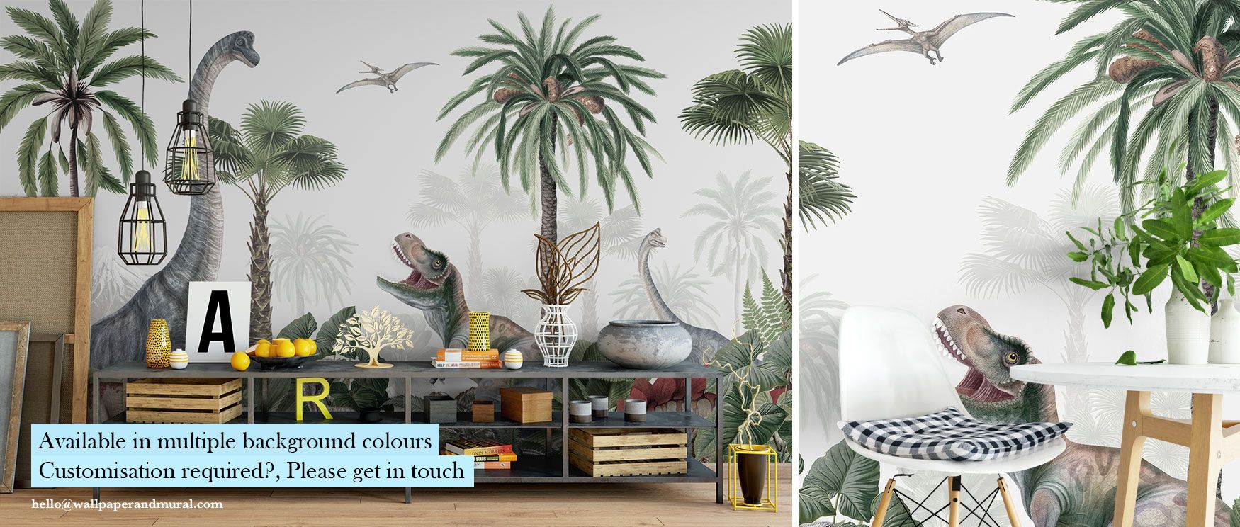 A prehistoric jungle emerges in the Dinosaur Jungle Wallpaper, filled with dinosaurs, trees, and plants. The design enriches interiors with adventurous rhythm, perfect for children’s bedrooms or playful studies. Its imagery fosters curiosity while creatin