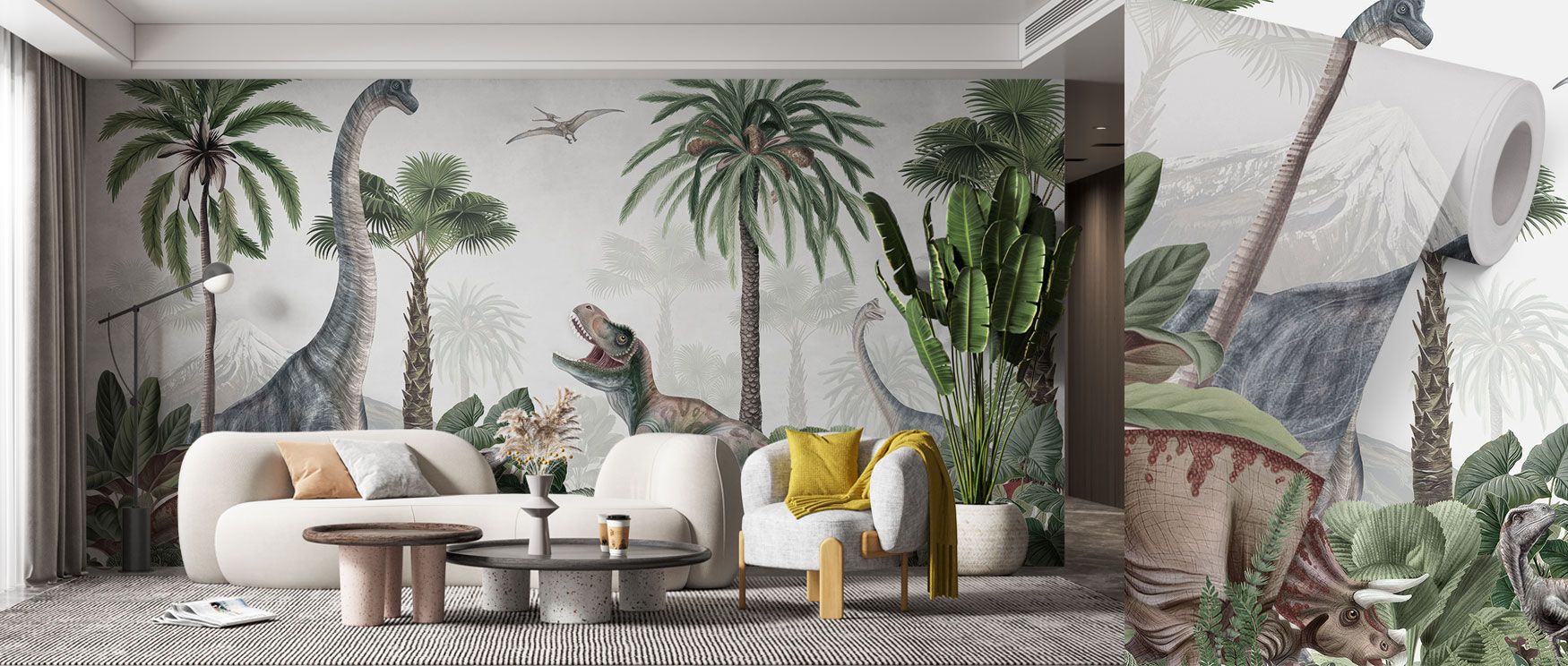 The Dinosaur Jungle Wallpaper portrays prehistoric life with dinosaurs among forest trees and plants. Its bold design enriches interiors with curiosity, making it perfect for adventurous bedrooms or family spaces. Its imagery transforms walls into playful