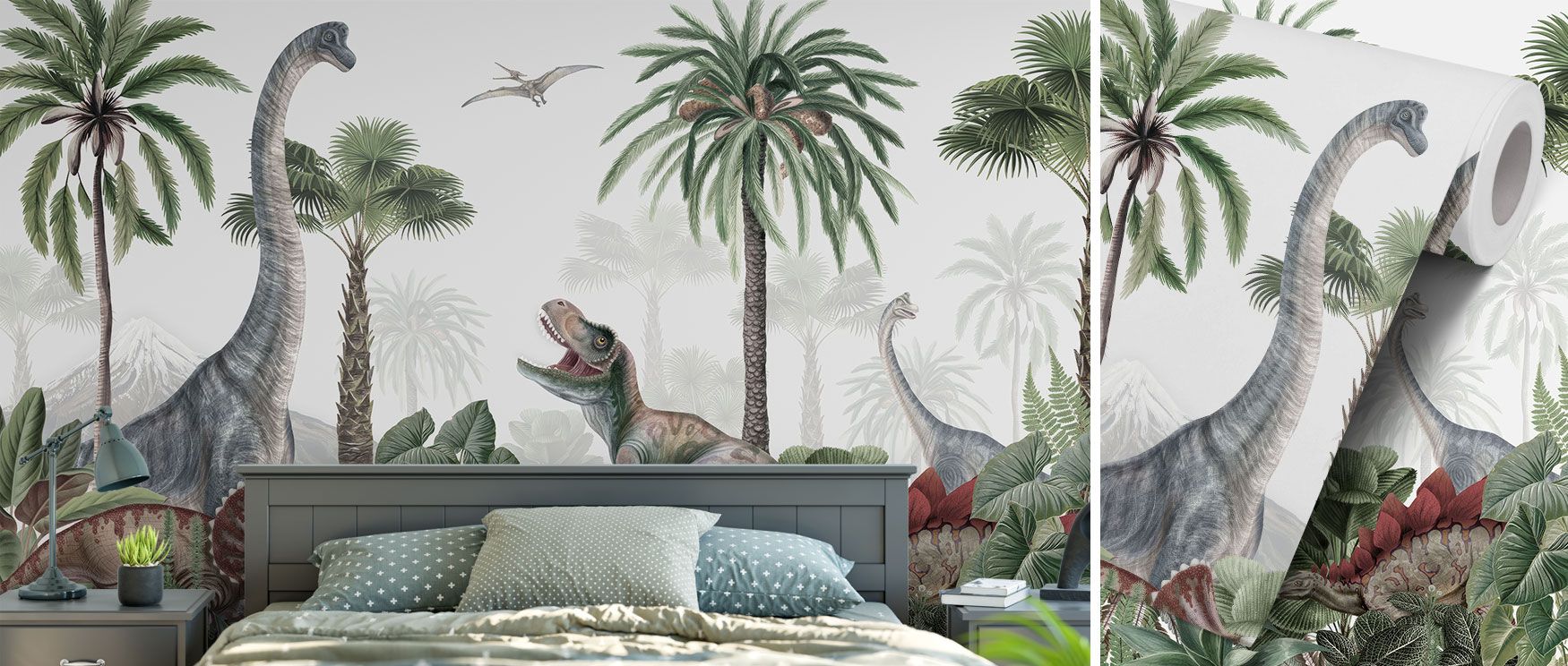 Dinosaurs wander through a forest backdrop in this wallpaper, surrounded by lush plants and trees. The Dinosaur Jungle design adds excitement to interiors, ideal for play areas or children’s rooms. Its imagery offers both vitality and grounding decorative