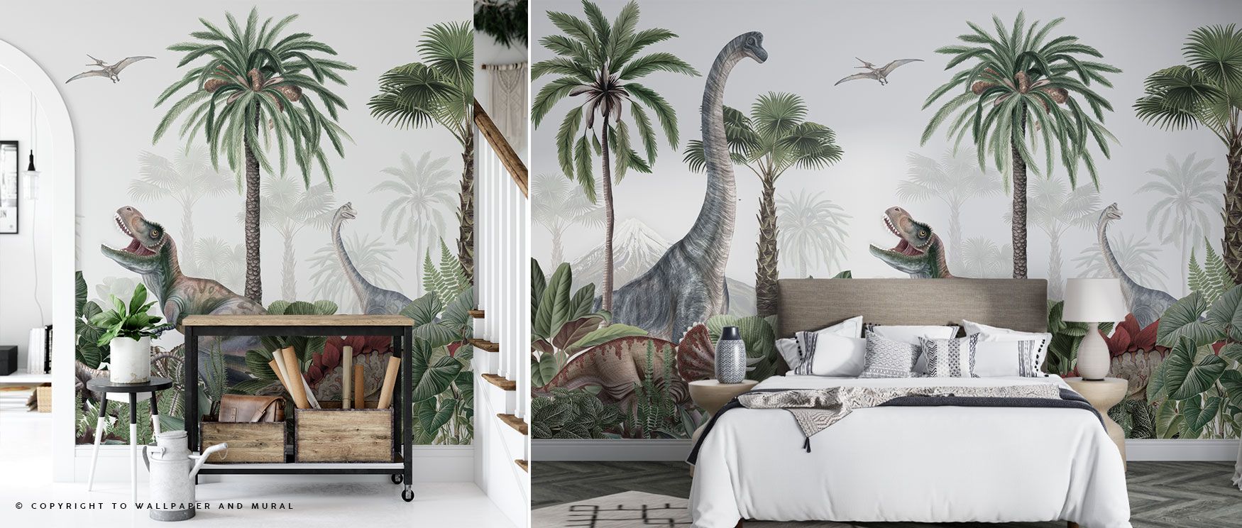 In this wallpaper, dinosaurs appear in rhythm with forest greenery. The Dinosaur Jungle design sparks playful imagination, ideal for bedrooms or creative studies. Its imagery radiates vitality and charm, grounding interiors in decorative prehistoric beaut