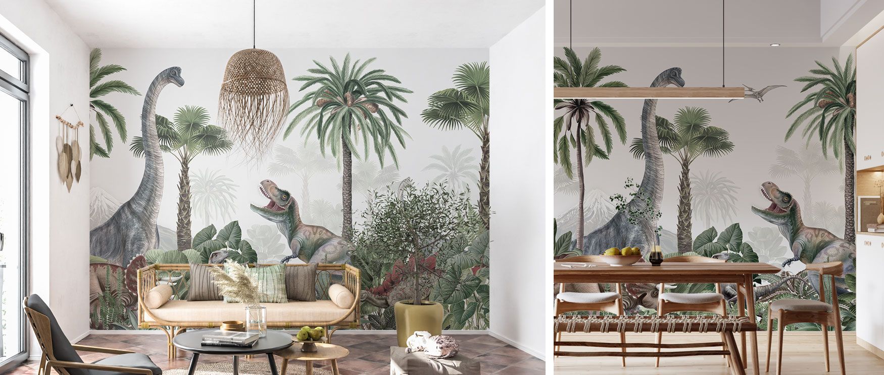 A prehistoric panorama unfolds in the Dinosaur Jungle Wallpaper, with dinosaurs among trees and plants. Its imagery enriches interiors with imagination and adventure, perfect for bedrooms or play areas. The design balances vitality with decorative eleganc