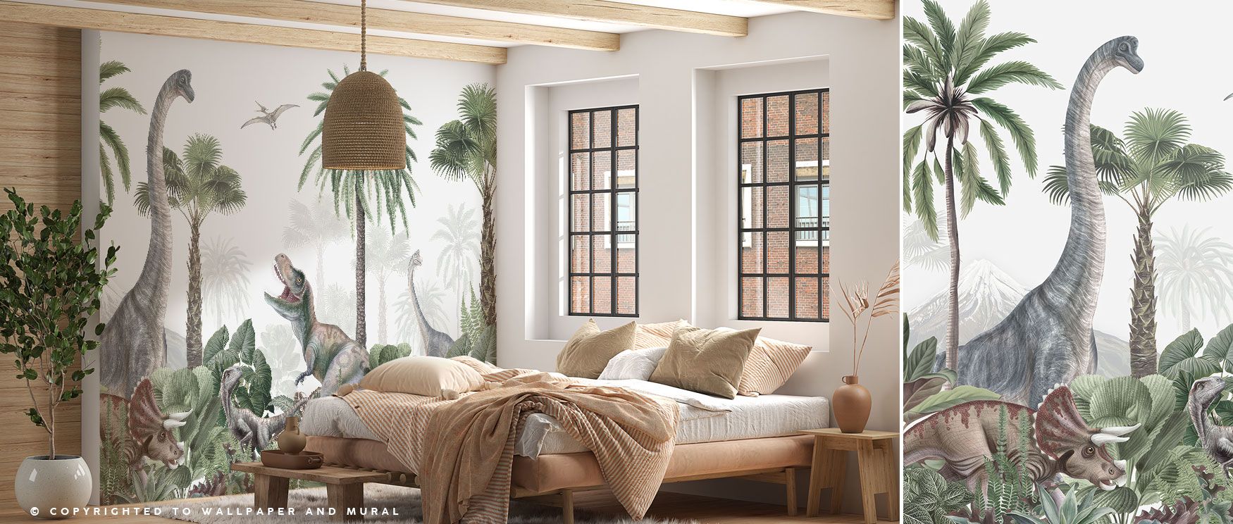 Dinosaur Jungle Wallpaper captures prehistoric charm, with dinosaurs, trees, and plants forming lively rhythm. Its imagery transforms walls into imaginative retreats, offering charm and adventure. Perfect for bedrooms, living rooms, or creative interiors.
