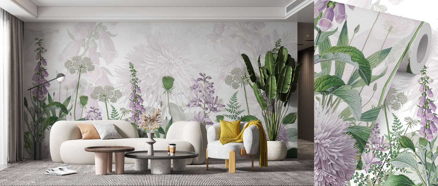 Foxglove blossoms fill the scene in this wallpaper, framed by greenery. The Foxglove Flowers design creates calm, grounding interiors with charm and color. Perfect for bedrooms or living spaces, it balances botanical vitality with decorative refinement. 