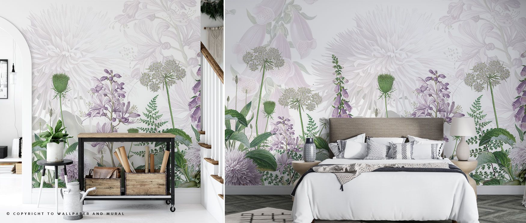 The Foxglove Flowers Wallpaper Mural portrays blossoms in vibrant pink tones against greenery. Its design enhances interiors with charm, offering serenity for bedrooms, studies, or dining areas. The imagery radiates botanical vitality, grounding walls in 