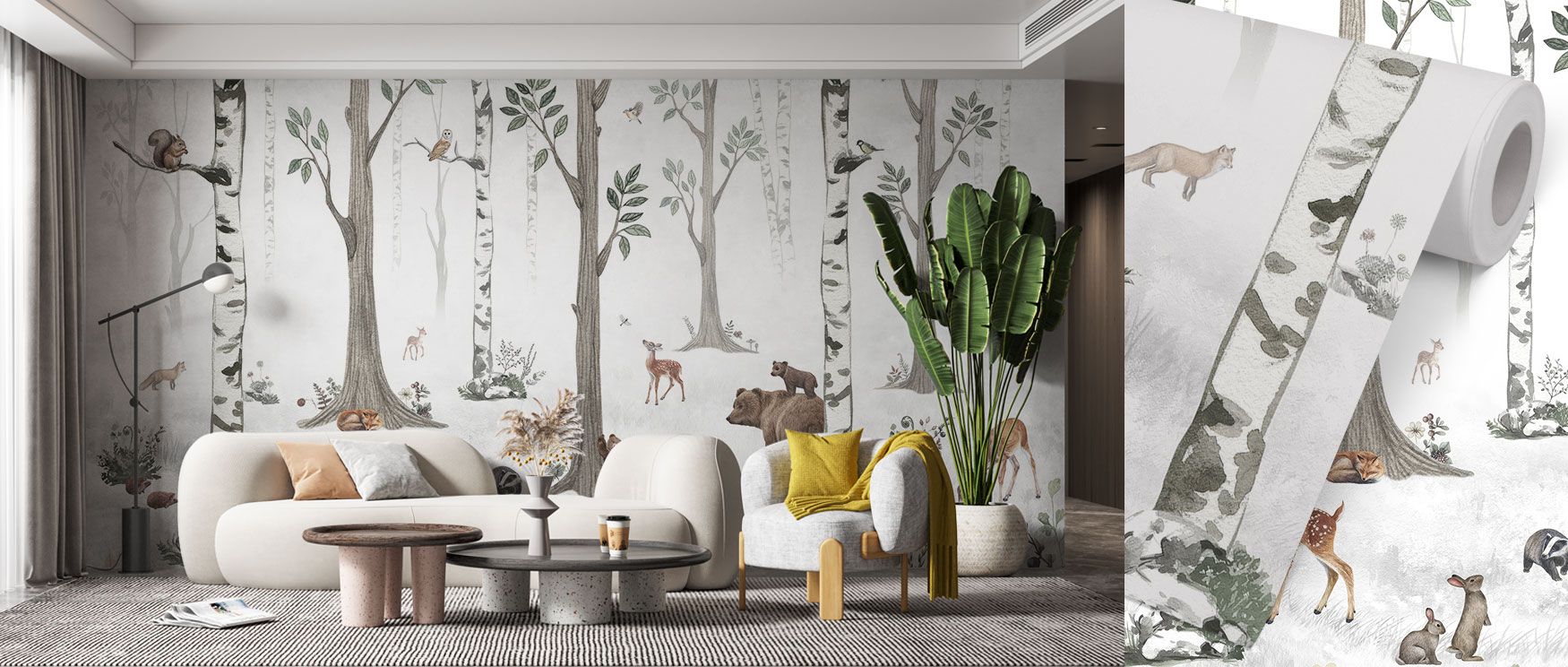 Woodland animals appear gracefully among white trees in this mural, creating interiors filled with winter magic. The White Forest Wallpaper Mural radiates calm serenity, ideal for restful bedrooms or dining rooms. Its imagery balances mystery with decorat