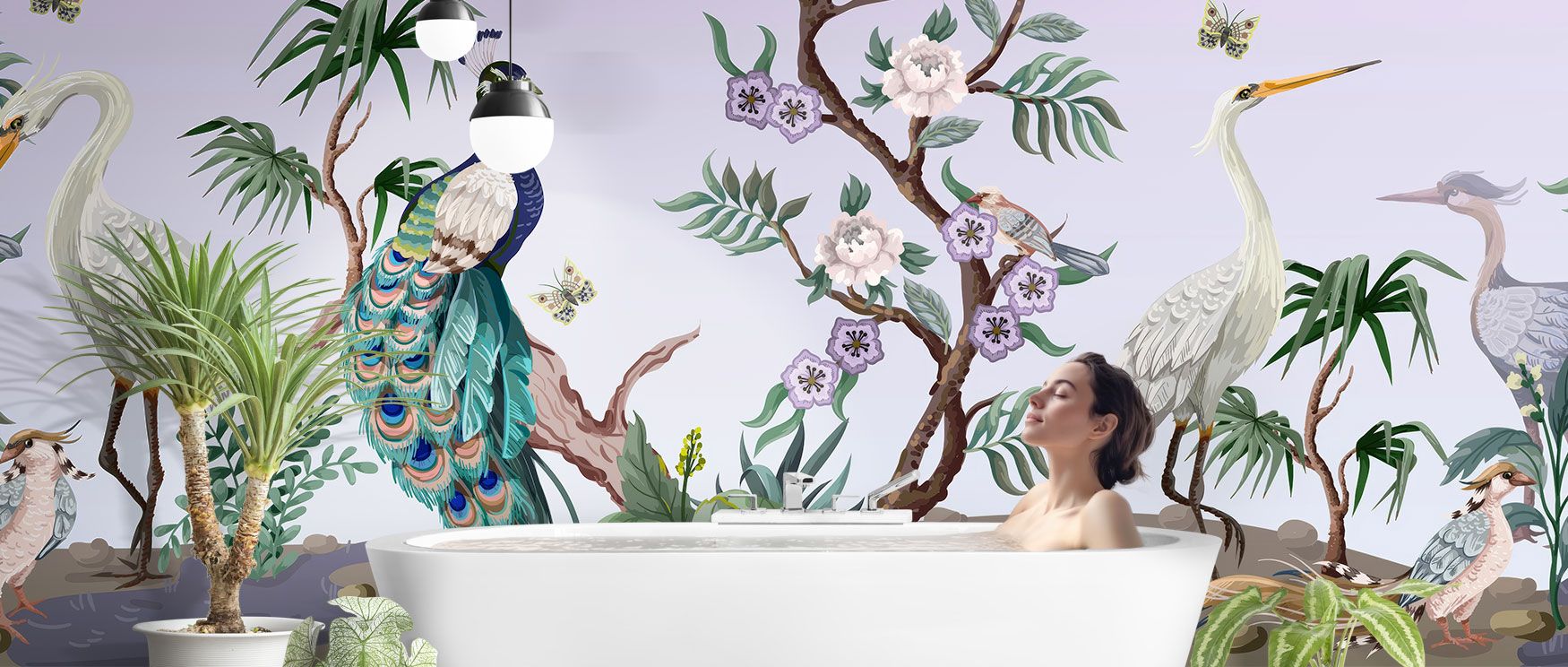 The VioletOasis Peacock Wallpaper captures opulence with its depiction of peacocks among trees and birds. The design radiates calm sophistication, making bedrooms or living spaces elegant retreats. Its violet palette enriches interiors with decorative dep