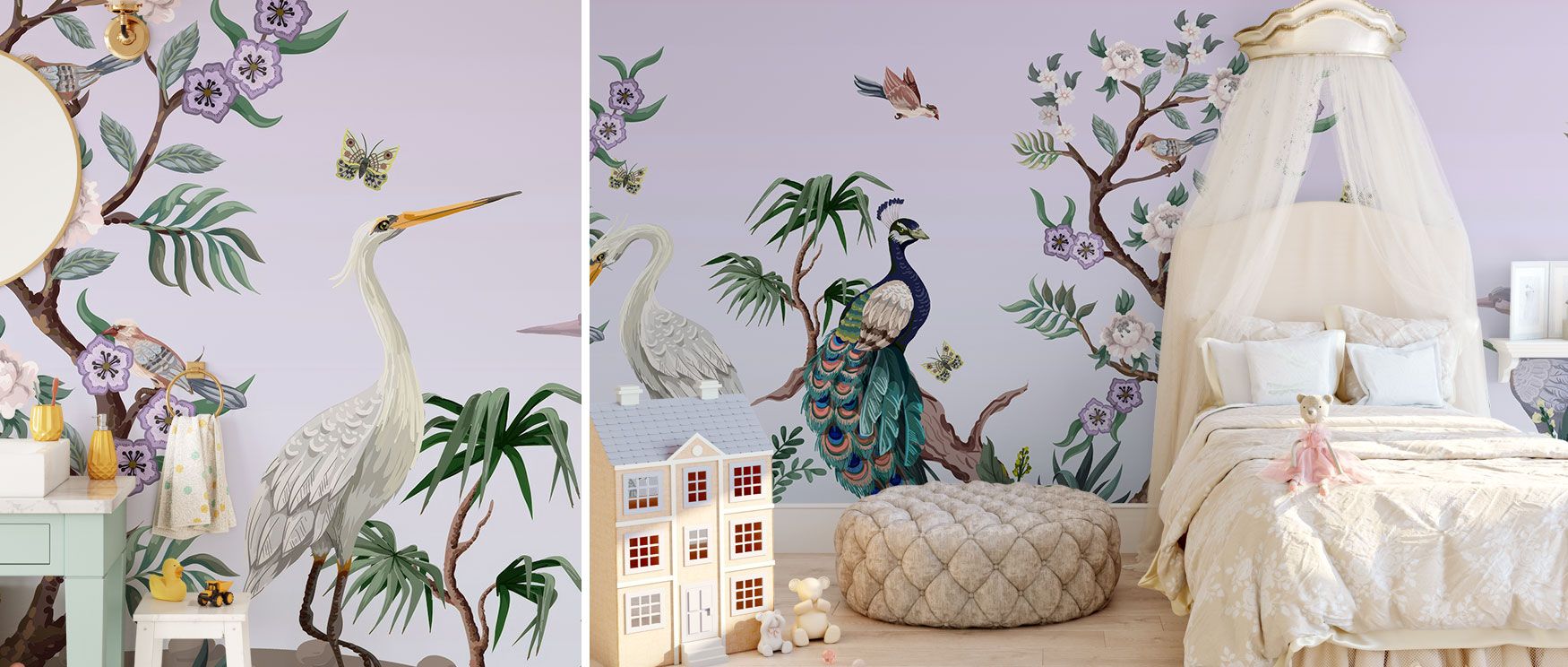 In this wallpaper, peacocks spread their feathers in rich color while trees and small birds add movement. The VioletOasis design enriches interiors with balance and charm, perfect for dining rooms, bedrooms, or studies. Its artistry creates timeless sanct