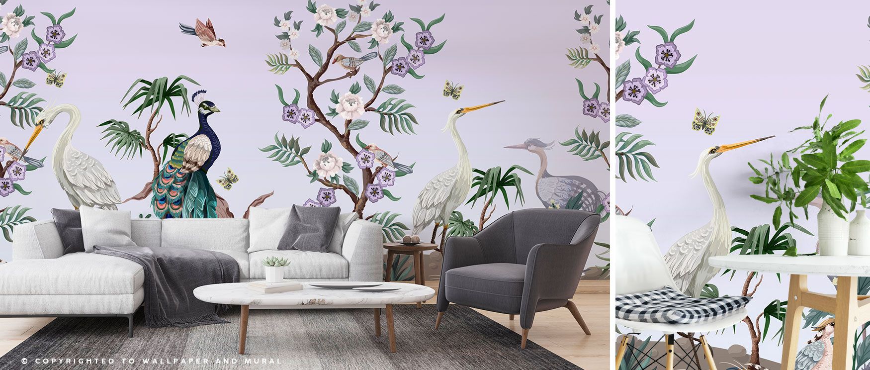 A luxurious violet backdrop frames peacocks and trees in the VioletOasis Peacock Wallpaper. Its imagery blends vibrancy with elegance, ideal for bedrooms, studies, or living rooms seeking natural sophistication. The design creates tranquil rhythm across w