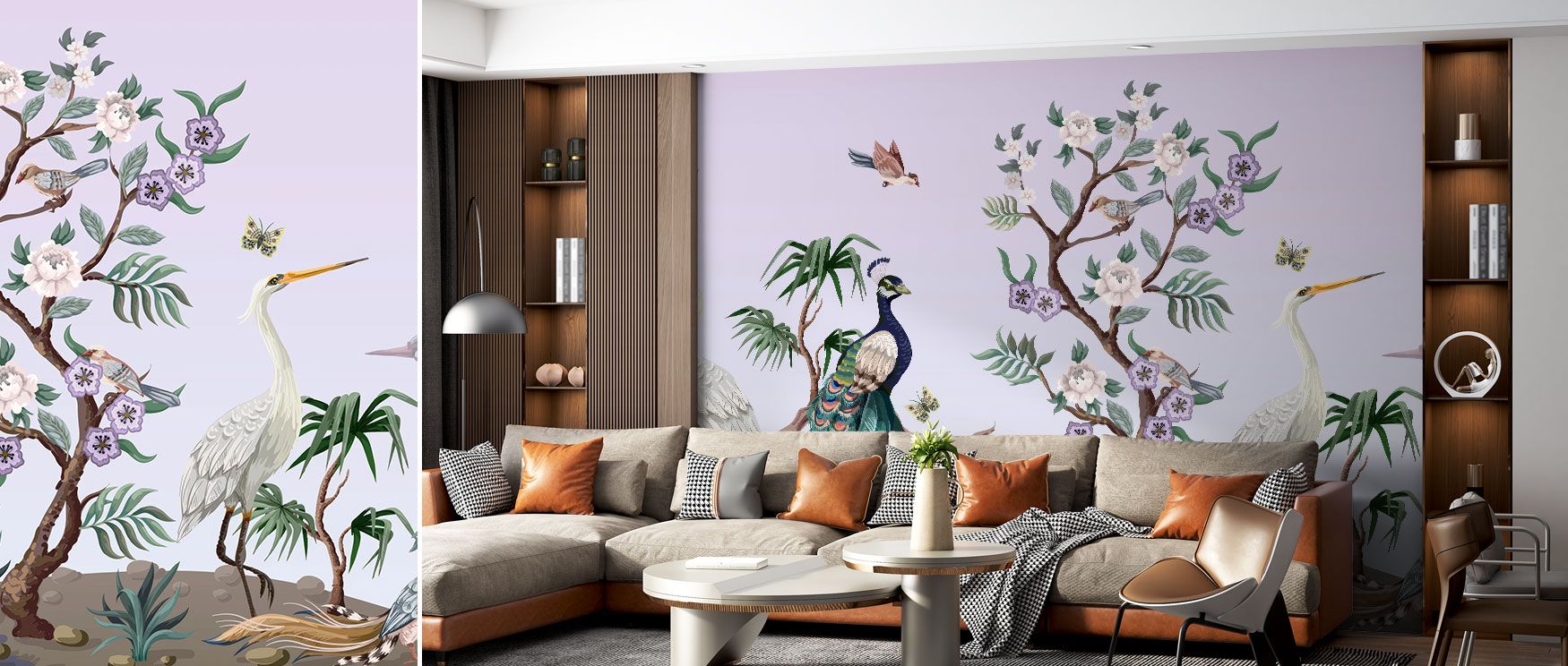 Peacocks and trees define the VioletOasis Wallpaper, with birds completing the scene. Its violet backdrop radiates calm beauty, transforming bedrooms or living rooms into refined spaces. The design balances opulence with nature-inspired elegance. 