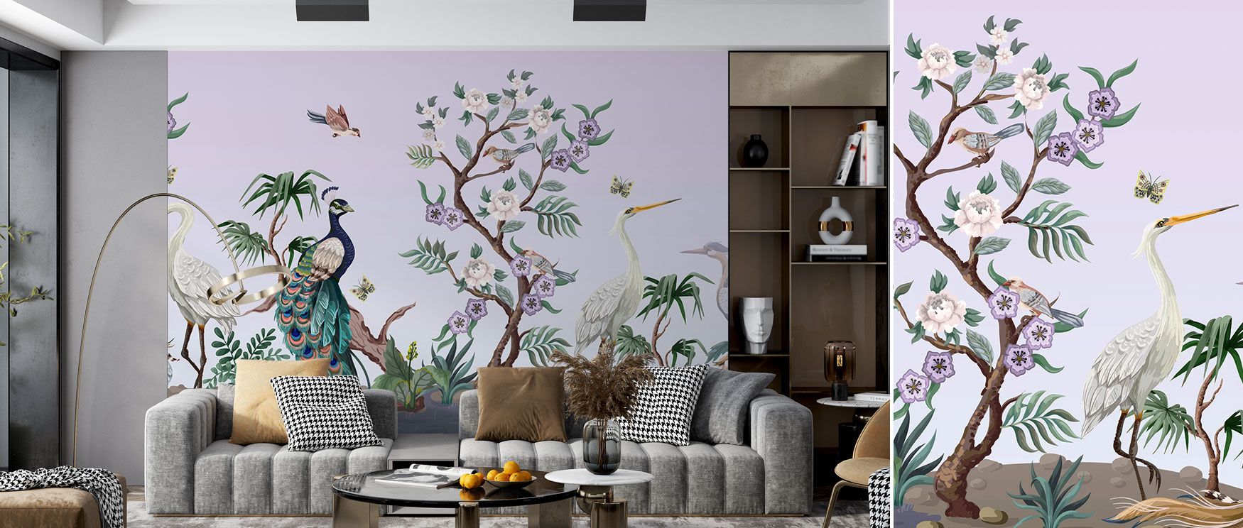 The VioletOasis Peacock Wallpaper portrays lush artistry in violet tones, with peacocks anchoring the composition. Its imagery creates calm sophistication, ideal for bedrooms, studies, or dining rooms. Its palette offers timeless decorative beauty. 