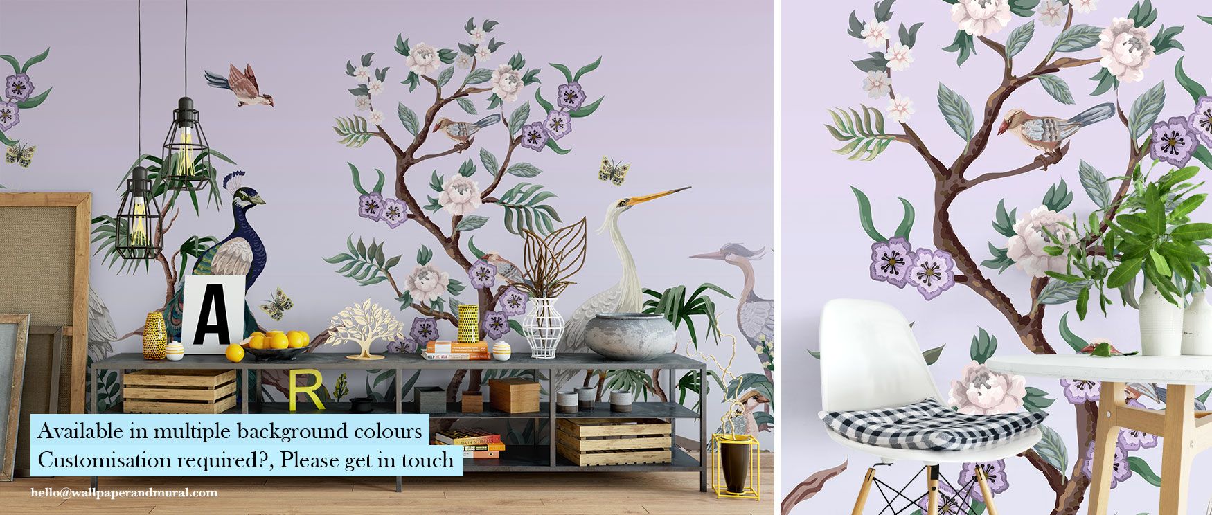 Peacocks, trees, and birds combine in the VioletOasis Wallpaper, creating interiors filled with elegance. Its violet backdrop adds refinement, perfect for dining rooms or bedrooms. The design balances vibrancy with calm, grounding walls in luxury. 