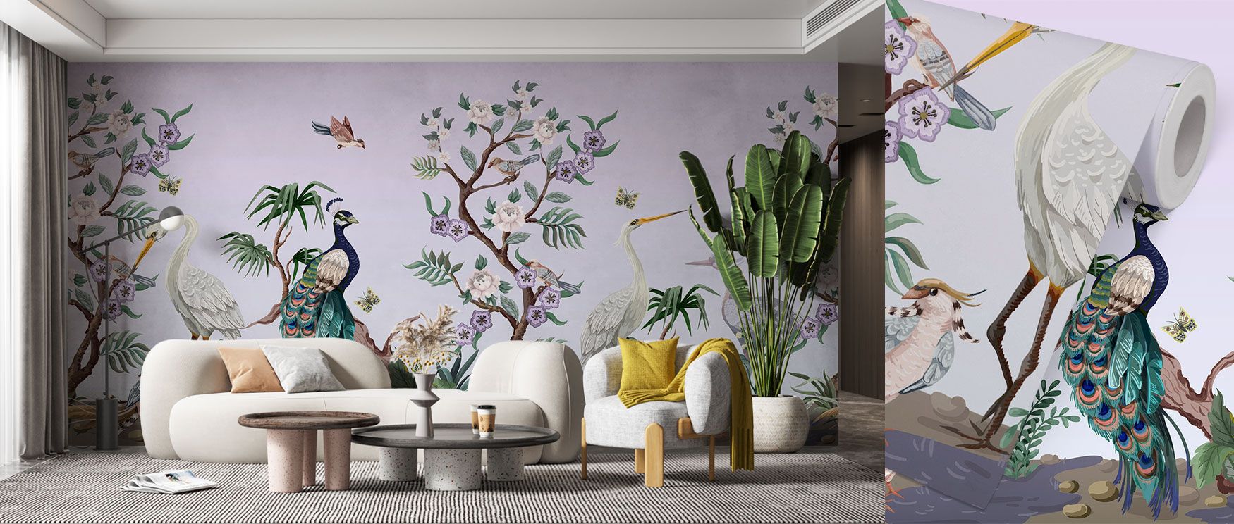 The VioletOasis Peacock Wallpaper presents an artistic scene where peacocks, trees, and birds radiate tranquility. Its imagery enriches interiors with elegance, making bedrooms, studies, or living rooms timeless sanctuaries of color and calm.