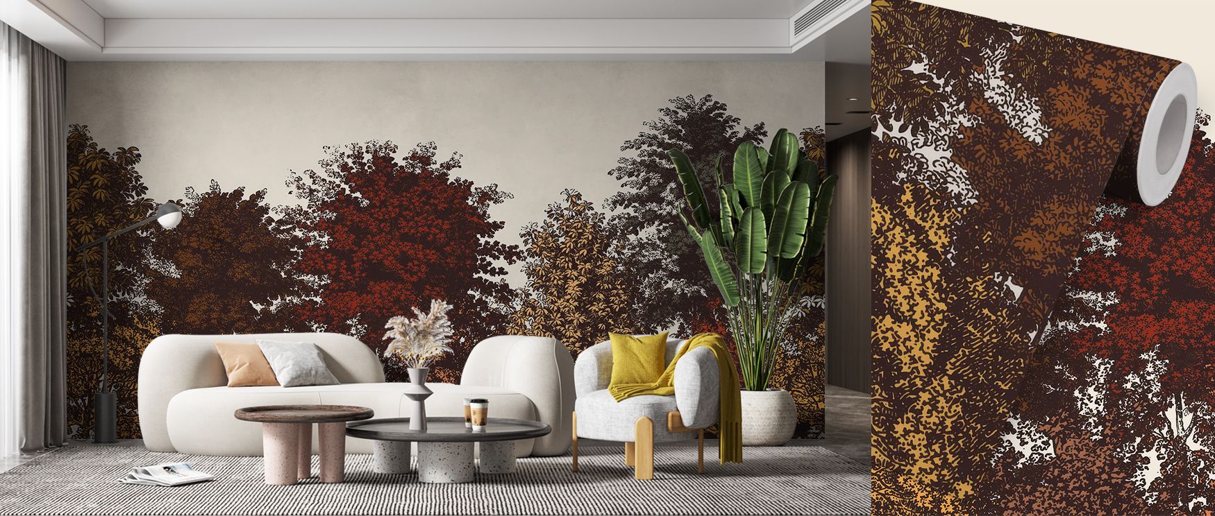 In the Deciduous Autumn Artwork Wallpaper, trees and plants glow in seasonal tones of amber and red. The design radiates playful charm, ideal for children’s rooms or creative studios. Its imagery transforms interiors into autumnal escapes filled with char