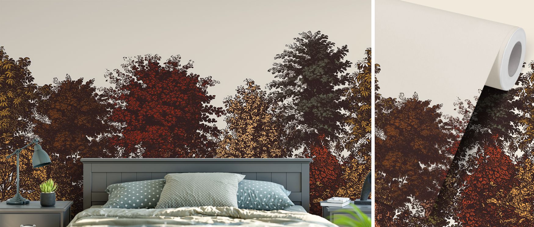Autumn leaves and plants animate this wallpaper, offering interiors lively rhythm. The Deciduous Autumn design enriches bedrooms or dining spaces with warmth and vibrancy, making interiors seasonal sanctuaries. Its imagery sparks creativity and joy. 