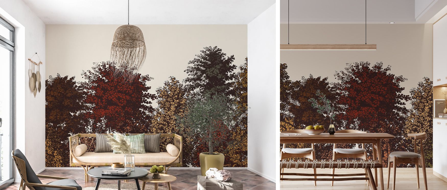 A seasonal forest emerges in this wallpaper, with deciduous plants and trees glowing in color. The Deciduous Autumn Artwork design enriches interiors with vibrancy, making spaces playful and imaginative. Its imagery suits children’s bedrooms or lively fam
