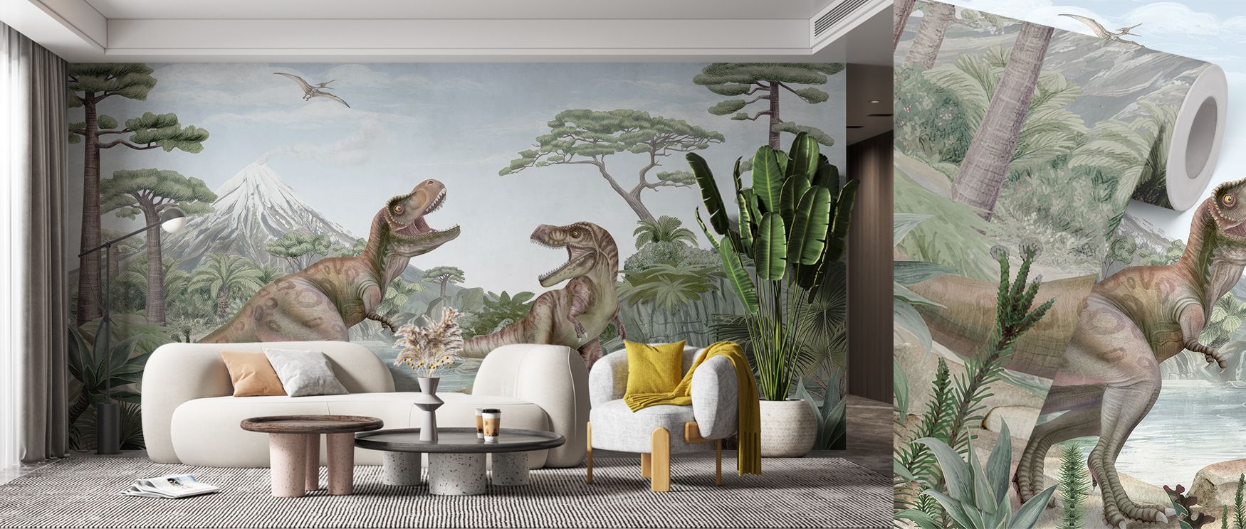 In this wallpaper, the T-Rex dominates a forest of tall trees, surrounded by other dinosaurs. The Terrific T-Rex design radiates vitality and excitement, transforming bedrooms or creative spaces into adventurous retreats. Its imagery fosters curiosity and