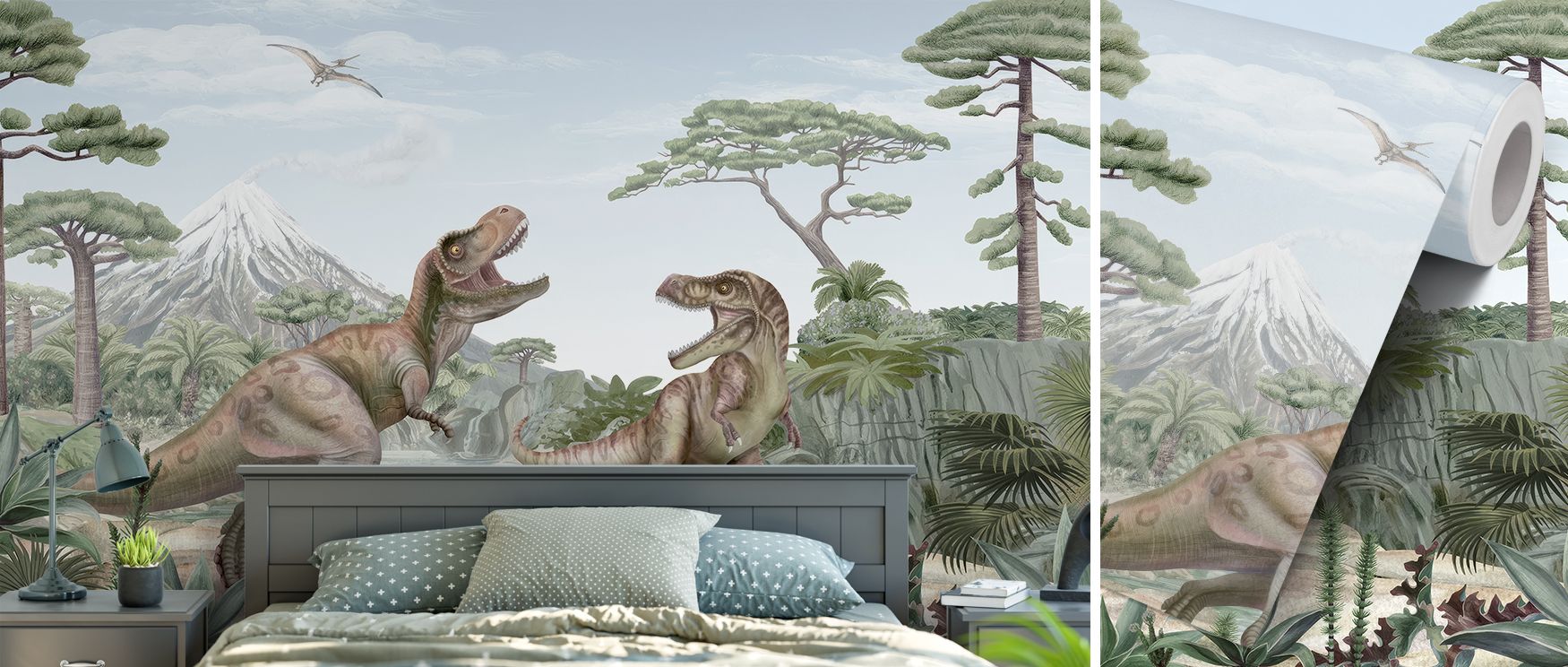 Terrific T-Rex Wallpaper Mural depicts a majestic dinosaur striding among ancient trees. Its bold imagery radiates drama, ideal for children’s bedrooms or family playrooms. The design sparks curiosity, grounding interiors in prehistoric charm. 
