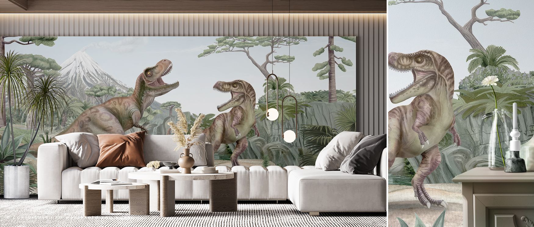 A prehistoric jungle scene unfolds in the Terrific T-Rex Wallpaper, with dinosaurs moving among forest trees. The design enriches interiors with drama, perfect for children’s spaces or playful living rooms. Its imagery offers adventure and imagination. 