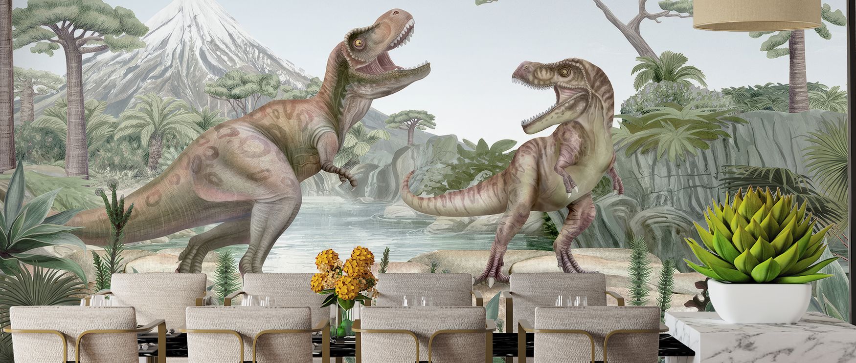 Dinosaurs stride across this wallpaper, anchored by a bold T-Rex among ancient trees. The Terrific T-Rex design enriches bedrooms, playrooms, or studies with prehistoric charm. Its imagery radiates curiosity and adventure.