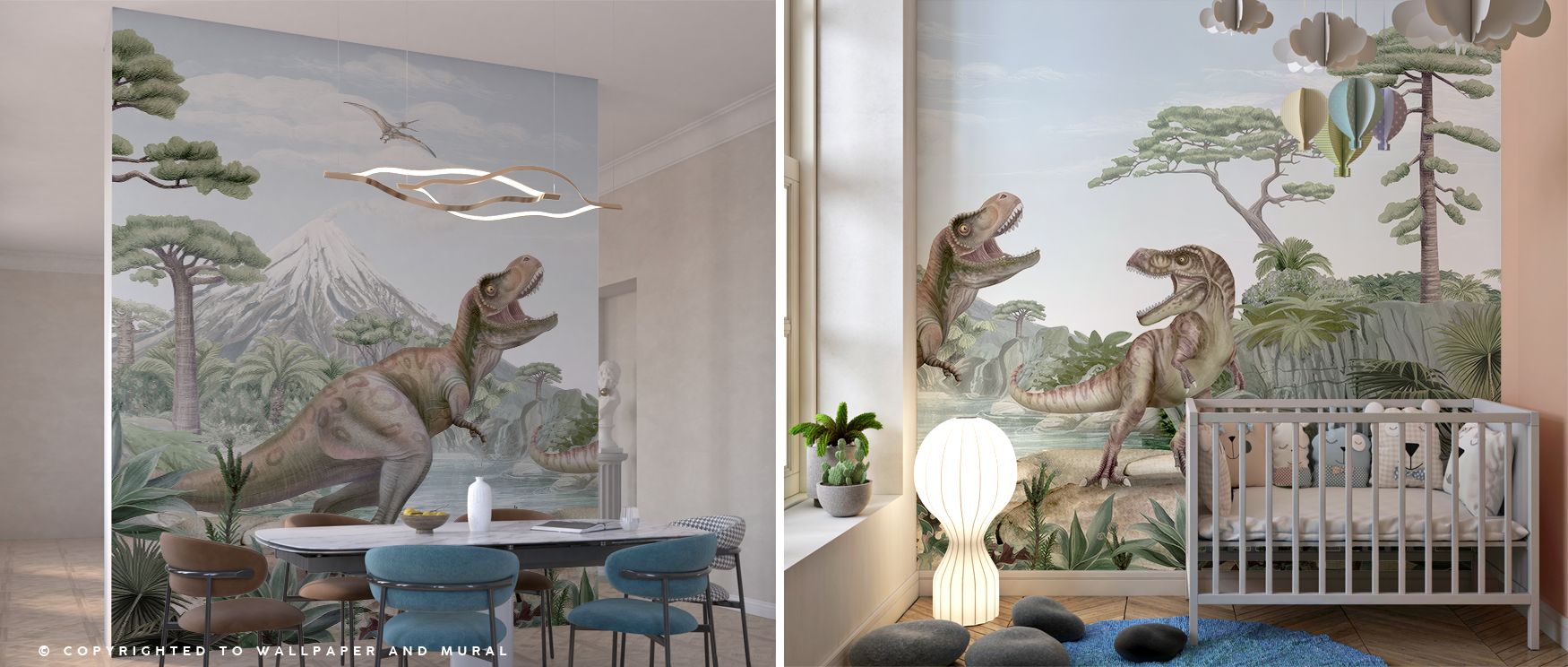 In this wallpaper, a T-Rex appears among trees and other dinosaurs, radiating bold energy. The Terrific T-Rex design enriches interiors with charm, perfect for family rooms or bedrooms. Its imagery creates dynamic and imaginative retreats. 