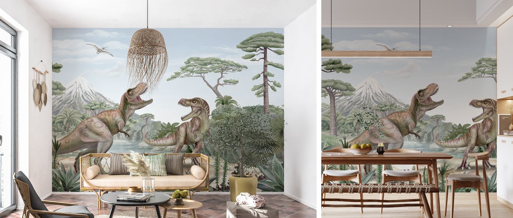The Terrific T-Rex Wallpaper presents prehistoric life in forested settings, with dinosaurs among trees. Its imagery sparks curiosity, perfect for children’s bedrooms or creative spaces. The design radiates adventure while grounding interiors in prehistor