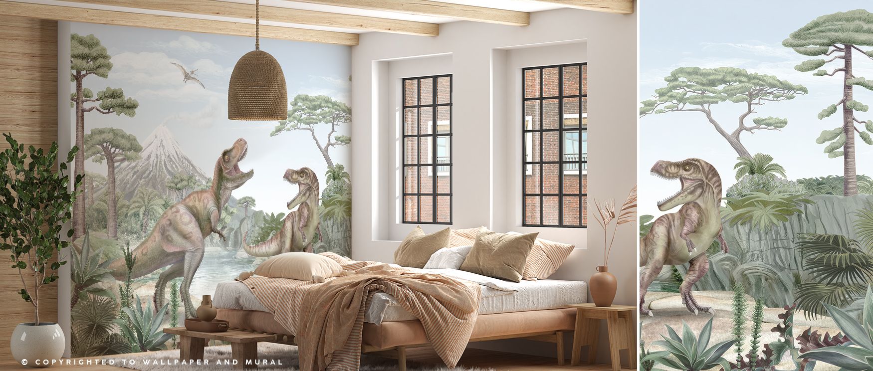 A powerful T-Rex dominates this wallpaper, framed by forest trees and dinosaurs. The Terrific T-Rex design transforms interiors into adventurous escapes, ideal for bedrooms or playrooms. Its imagery balances boldness with decorative sophistication. 