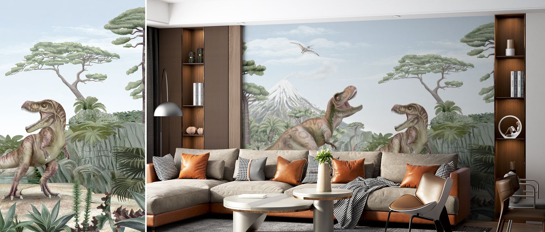 In this wallpaper, dinosaurs move through ancient trees, creating rhythm and drama. The Terrific T-Rex design enriches interiors with imagination, making bedrooms and living rooms adventurous retreats. Its imagery radiates curiosity and charm. 