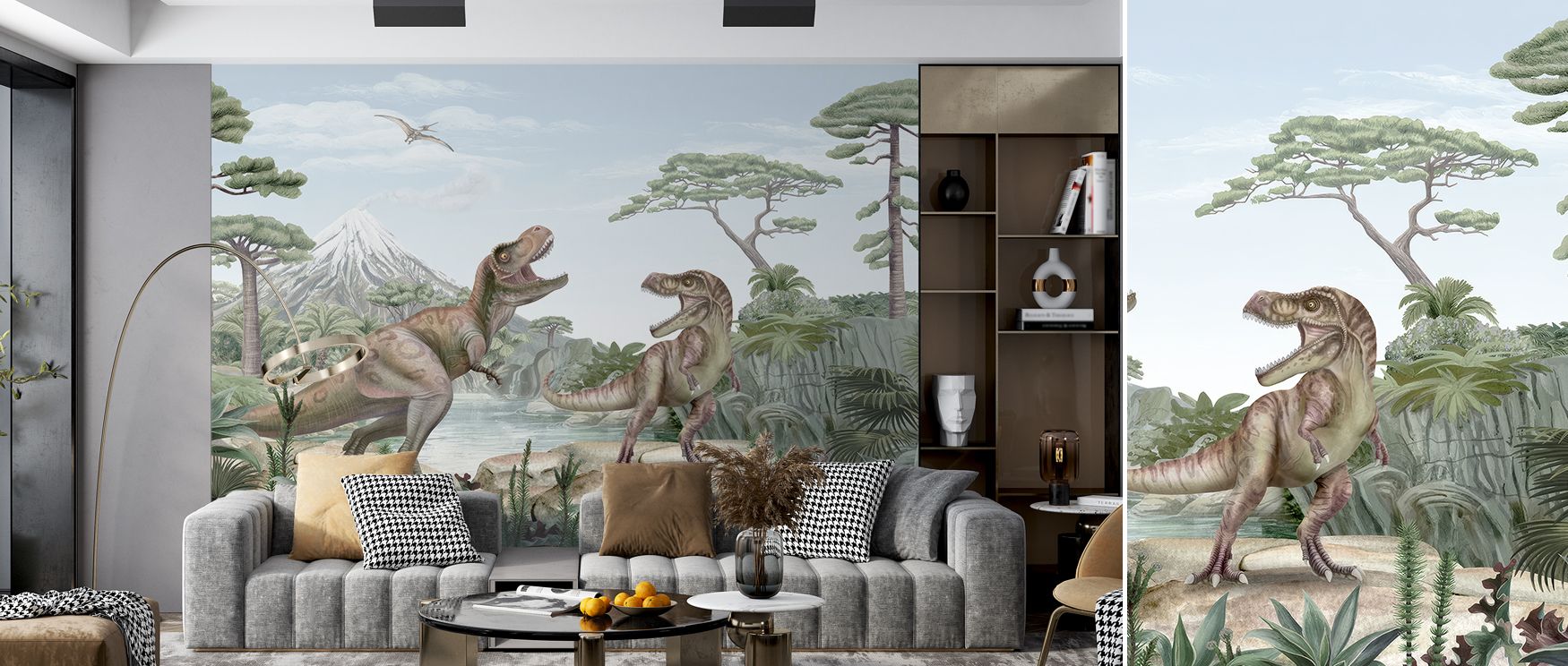 The Terrific T-Rex Wallpaper Mural depicts prehistoric grandeur with dinosaurs among trees. Its imagery sparks playful vitality, perfect for bedrooms or dining spaces. The design fosters imagination and decorative balance. 