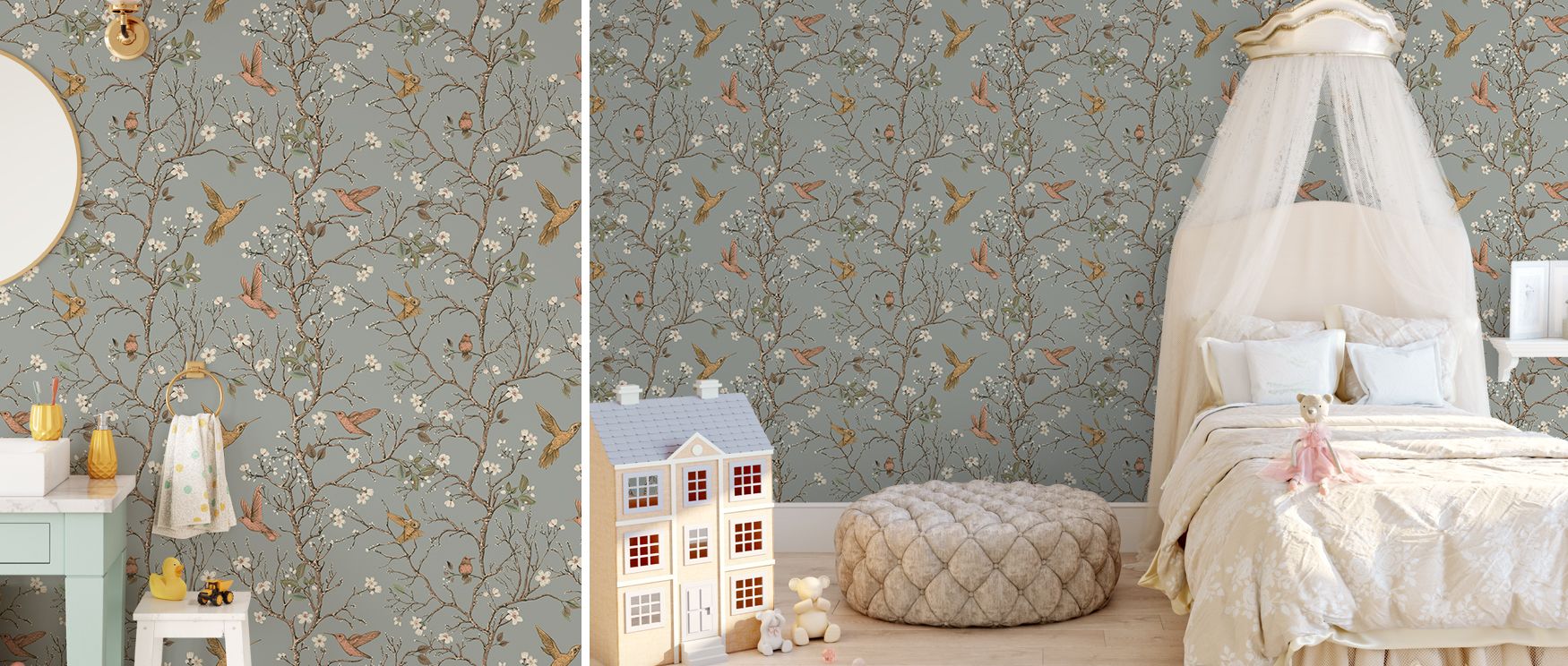 Songbirds appear gracefully among tree branches in this mural, offering interiors elegance and calm. The Songbird Serenade design enriches spaces with natural inspiration, perfect for bedrooms or living areas. Its imagery creates timeless sanctuary-like r
