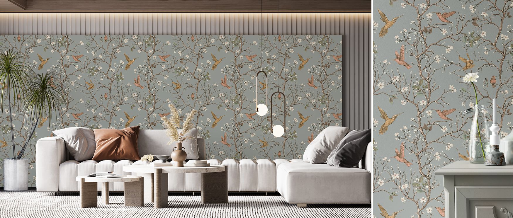 In this wallpaper, trees and birds create a harmonious scene that fills interiors with serenity. The Songbird Serenade design transforms bedrooms or living rooms into peaceful retreats. Its imagery balances refinement with natural inspiration, enriching i