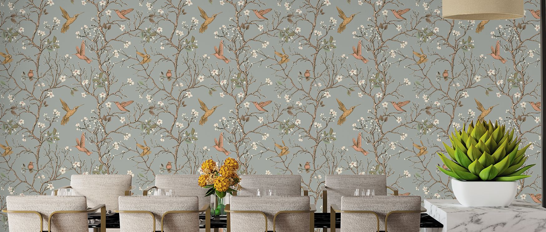 The Songbird Serenade Wallpaper Mural captures serenity with birds among trees. Its imagery creates calm and refined interiors, ideal for studies or dining rooms. The design enriches spaces with natural beauty and grace. 