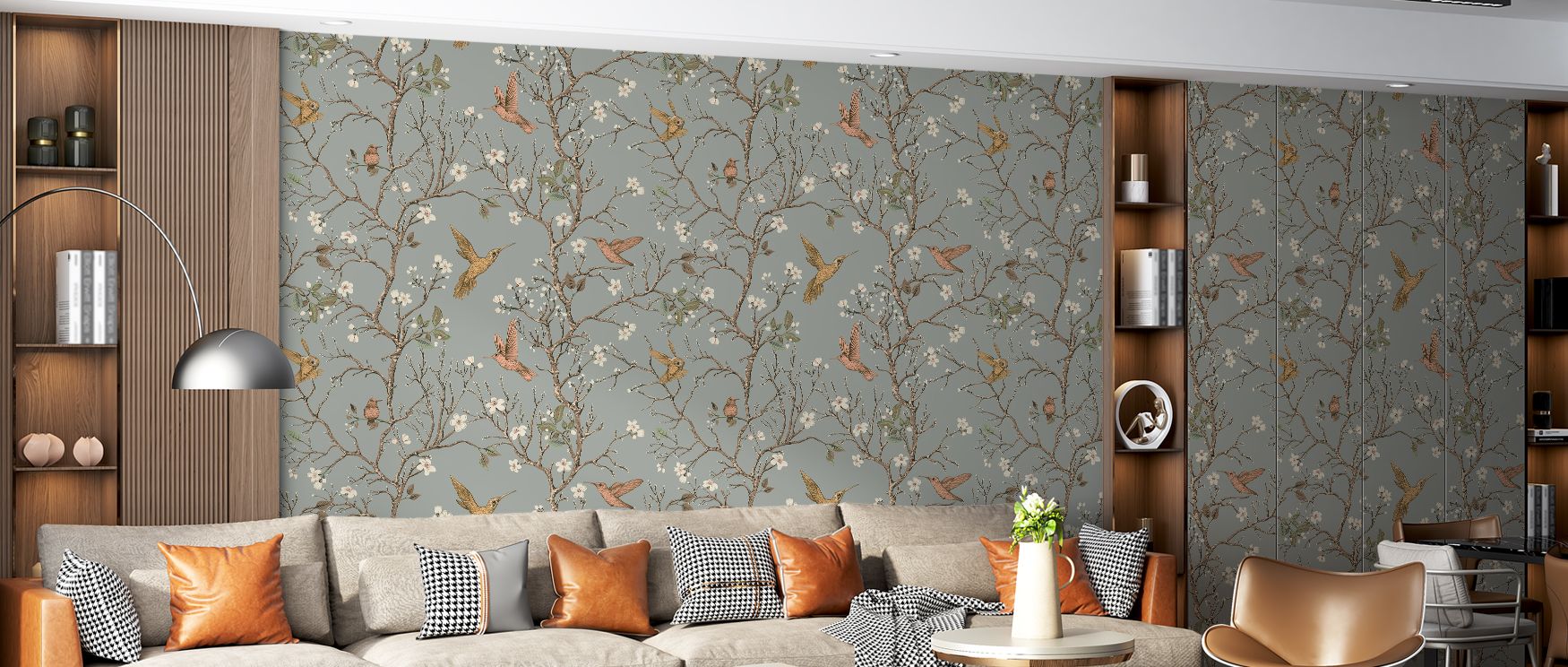 In this wallpaper, elegant trees frame songbirds in poised detail. The Songbird Serenade design creates calm rhythm across walls, perfect for restful bedrooms, studies, or family spaces. Its imagery offers both refinement and decorative charm. 