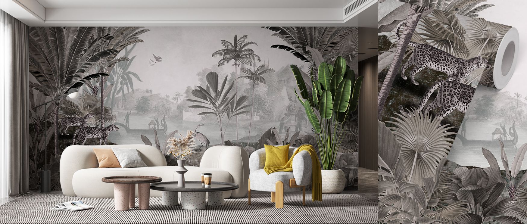 Leopard Landscape Wallpaper Mural portrays a leopard moving gracefully through a jungle of towering trees and colorful birds. Its imagery radiates exotic vibrancy, perfect for bedrooms or creative spaces. The design enriches interiors with charm, groundin
