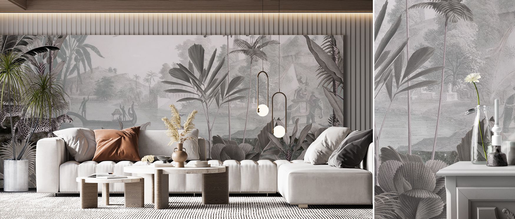 In this wallpaper, a leopard prowls among trees filled with tropical birds. The Leopard Landscape design captures jungle vitality, making bedrooms or dining rooms feel adventurous. Its imagery offers bold rhythm while maintaining decorative refinement. 