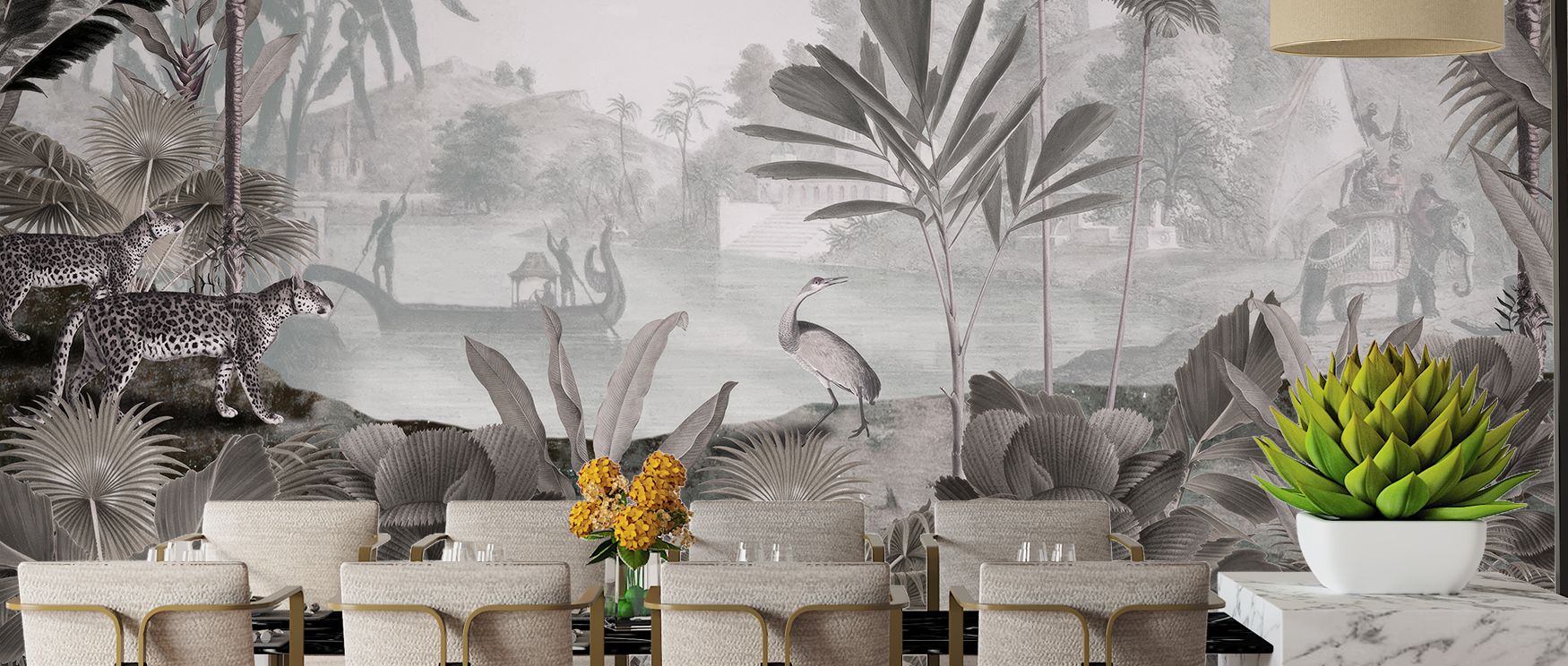 The Leopard Landscape Wallpaper Mural celebrates jungle vitality with a leopard among trees and birds. Its imagery enriches interiors with exotic charm, perfect for bedrooms or dining spaces. The design radiates energy while grounding walls in natural bea