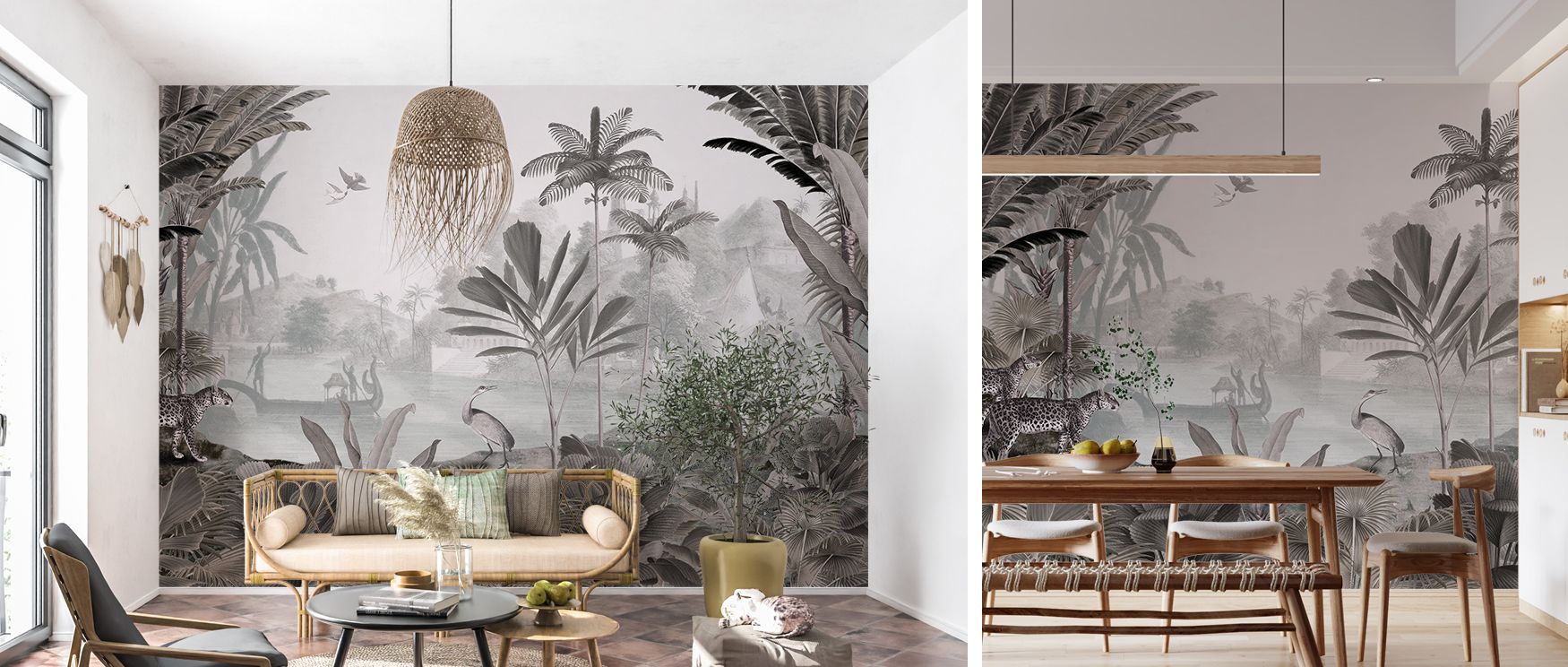 A leopard prowls through a forest in this wallpaper, framed by tropical trees and birds. The Leopard Landscape design transforms interiors into jungle retreats, ideal for adventurous bedrooms or dining areas. Its imagery offers rhythm and charm. 