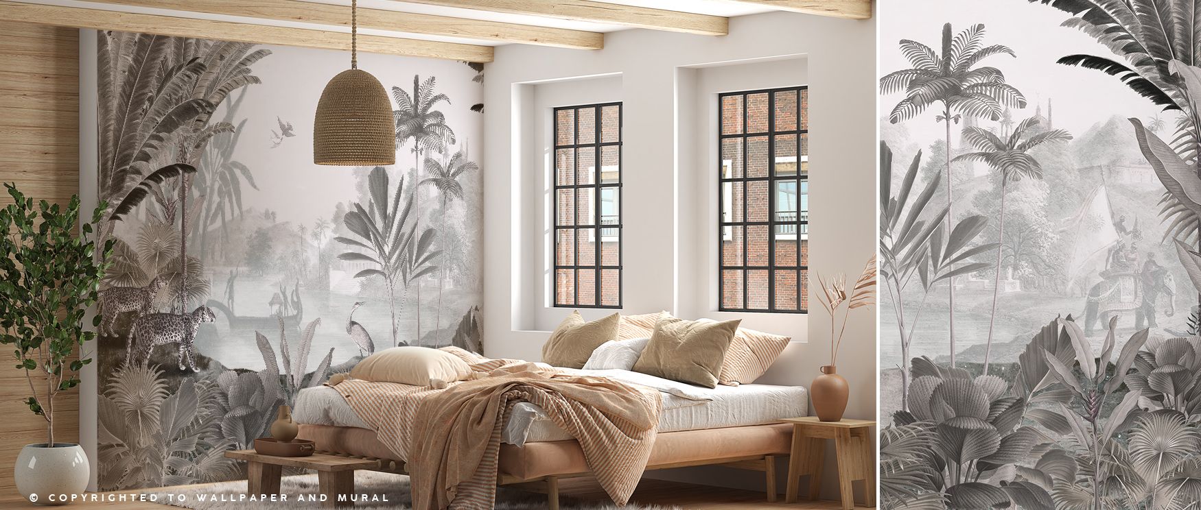 In this wallpaper, birds and trees frame a leopard moving gracefully. The Leopard Landscape design radiates vitality, perfect for bedrooms or studies. Its imagery creates adventurous interiors filled with decorative balance and wild charm. 