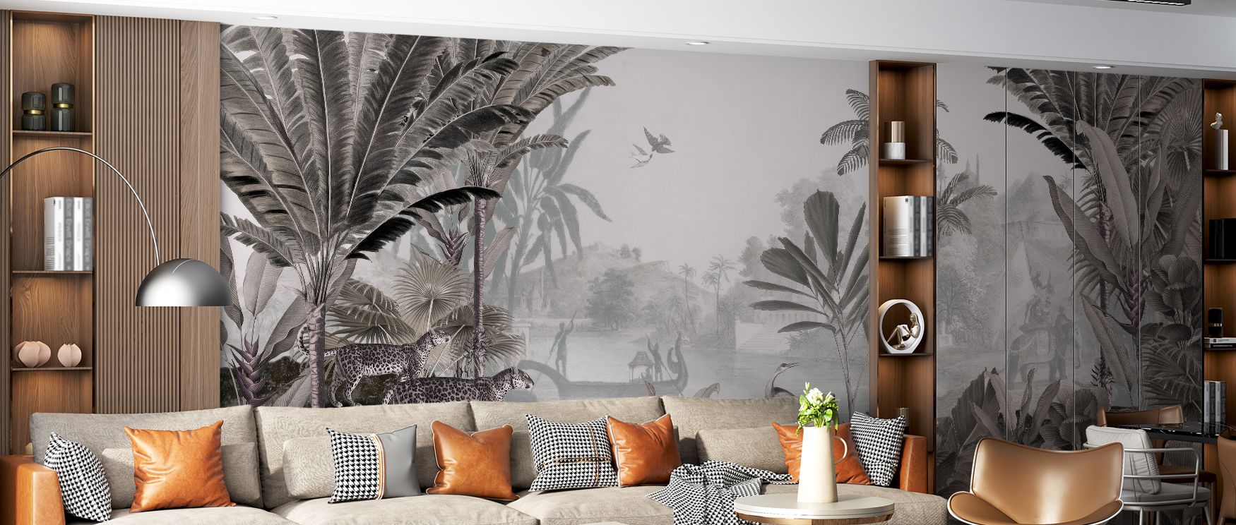 The Leopard Landscape Wallpaper Mural depicts a striking leopard within an exotic jungle scene. Its imagery enriches interiors with adventure and boldness, making bedrooms or family rooms feel alive. The design balances wild inspiration with decorative el