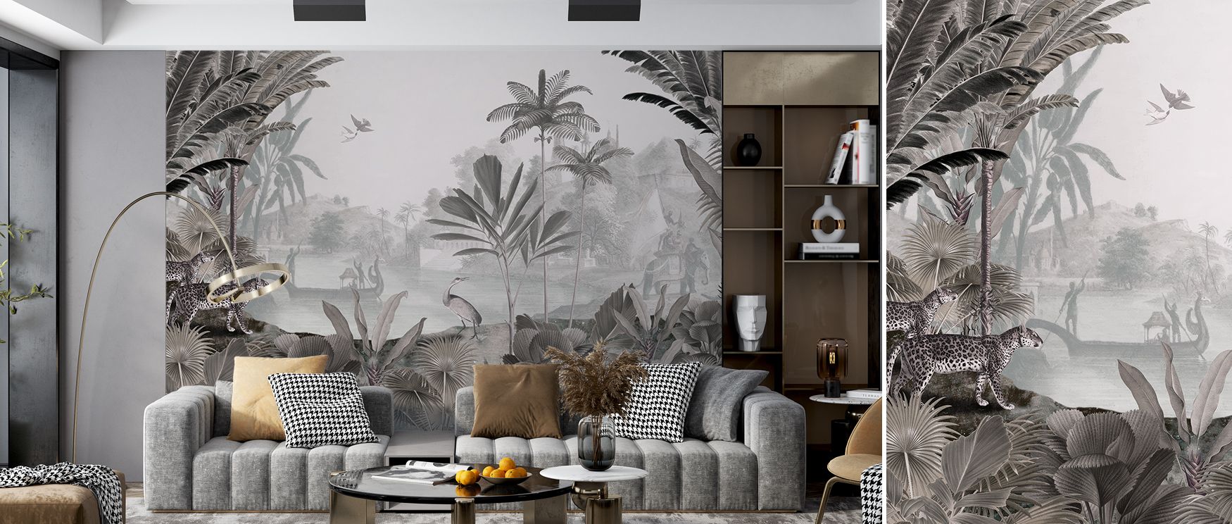 Leopard Landscape Wallpaper shows a jungle scene filled with trees, birds, and a leopard. The design radiates vibrancy, perfect for dining areas, bedrooms, or studies. Its imagery offers charm while grounding interiors in adventurous calm. 