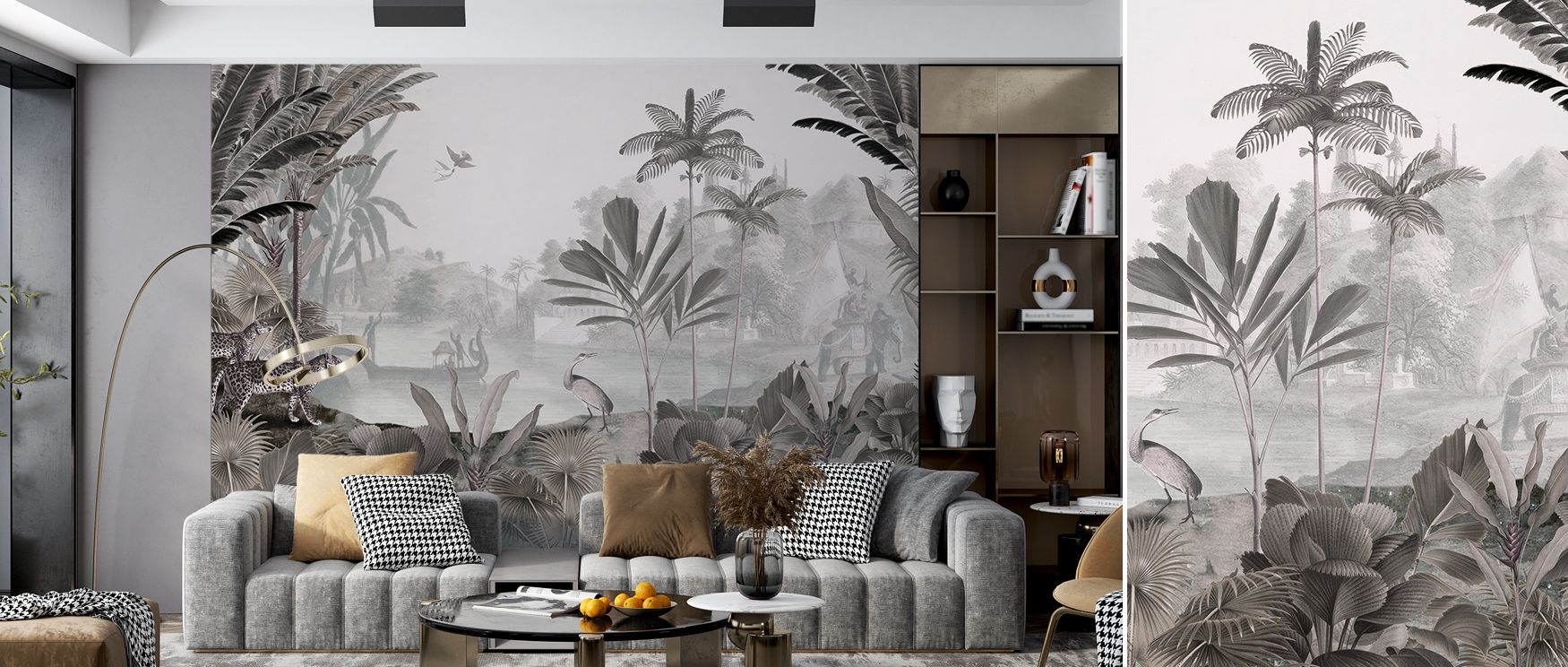 In this wallpaper, a leopard strides through lush trees and colorful birds. The Leopard Landscape design creates lively rhythm across walls, making interiors feel adventurous. Its palette ensures versatility while radiating natural charm. 