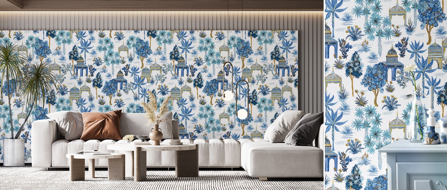 Graceful tree silhouettes unfold across the wall with painterly balance, their canopies rising and dipping like a soft aria, so the eye moves gently from branch to branch; paired with bone china, velvet upholstery, or pale stone, the motif settles into di