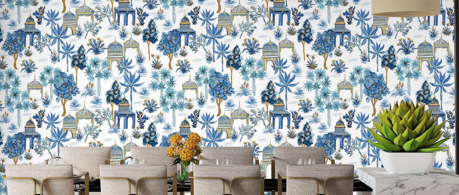 The canopy’s repeating arcs glide along cornices and doorways, easing transitions and elongating sight lines, so smaller rooms feel composed rather than compressed; the motif’s fine cadence pairs naturally with pale rugs, linen drapes, and brushed brass, 