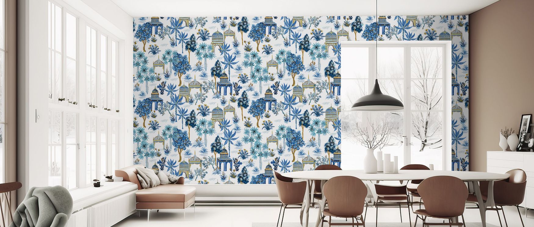 Heritage artistry meets modern restraint as the pattern sits slightly off the surface, like ink on silk, offering enough detail to reward intimacy while holding together at distance; in bedrooms it settles the mind, in dining spaces it frames conversation