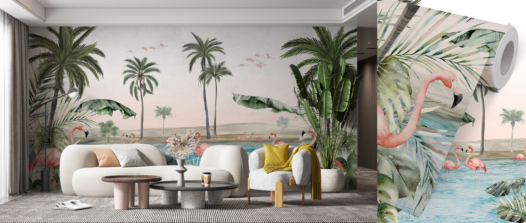 The greenery’s tonal gradients—from pale lime to deep emerald—create soft depth that lengthens walls; flamingos provide elegant contrast like brushstrokes of coral ink, and scattered birds add points of sparkle that keep the composition alight; pair with 
