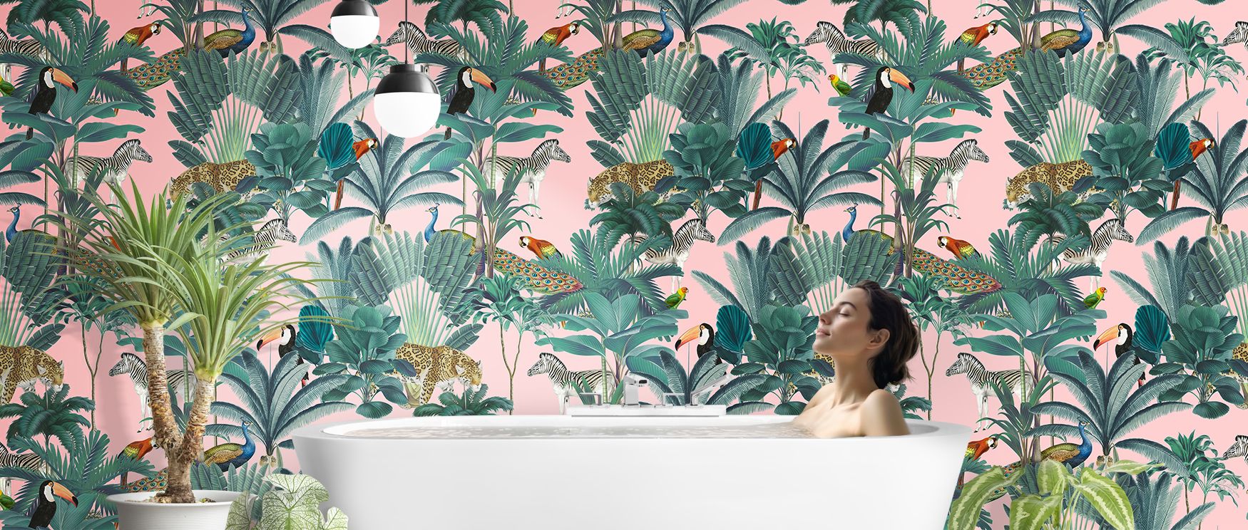 Within the scene, foliage is layered with painterly rhythm, leaves overlapping like music; birds punctuate the green with notes of red, blue, and gold while animals add sculptural contrast; the mural works beautifully with pale linens, bamboo accents, or 