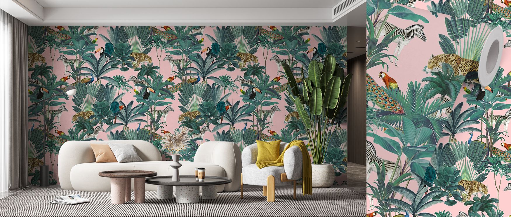 The mural arranges its characters like a stage: parrots perched high, tigers striding low, zebras holding the middle rhythm, and peacocks shimmering with pattern; this natural choreography fills walls with energy but never chaos, ideal for dining spaces w
