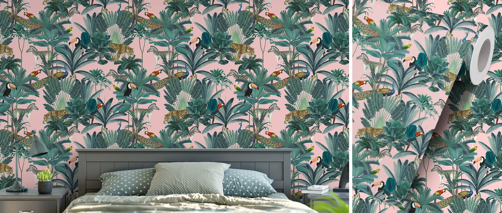 Tigers emerge from foliage with commanding presence while peacocks fan their plumage beneath tree canopies, parrots flash color between branches, and zebras graze at the edge of the forest; together they create a scene that feels like a living painting, p