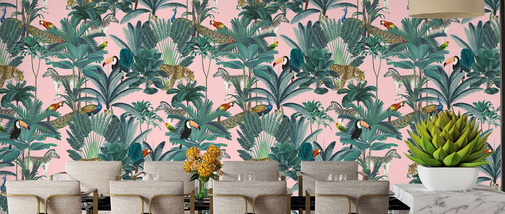 The forest backdrop is lush yet restrained, holding animals in visual balance; its tonal layering ensures that while there is always drama, it never overwhelms the eye; the mural acts as refined spectacle, ideal for interiors that value both character and
