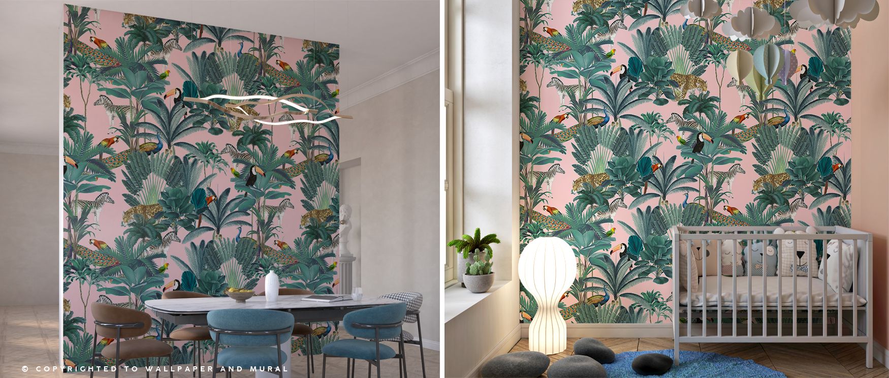 Tigers, peacocks, zebras, and parrots are spaced with careful restraint, ensuring large walls remain elegant, not busy; the result is a rhythm that invites calm observation rather than visual fatigue; in dining rooms the mural acts as cultivated theater, 